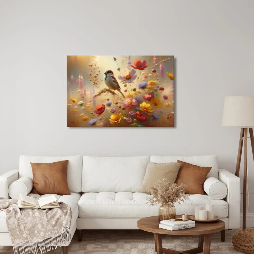 Quadro su tela – Passero nel giardino fiorito