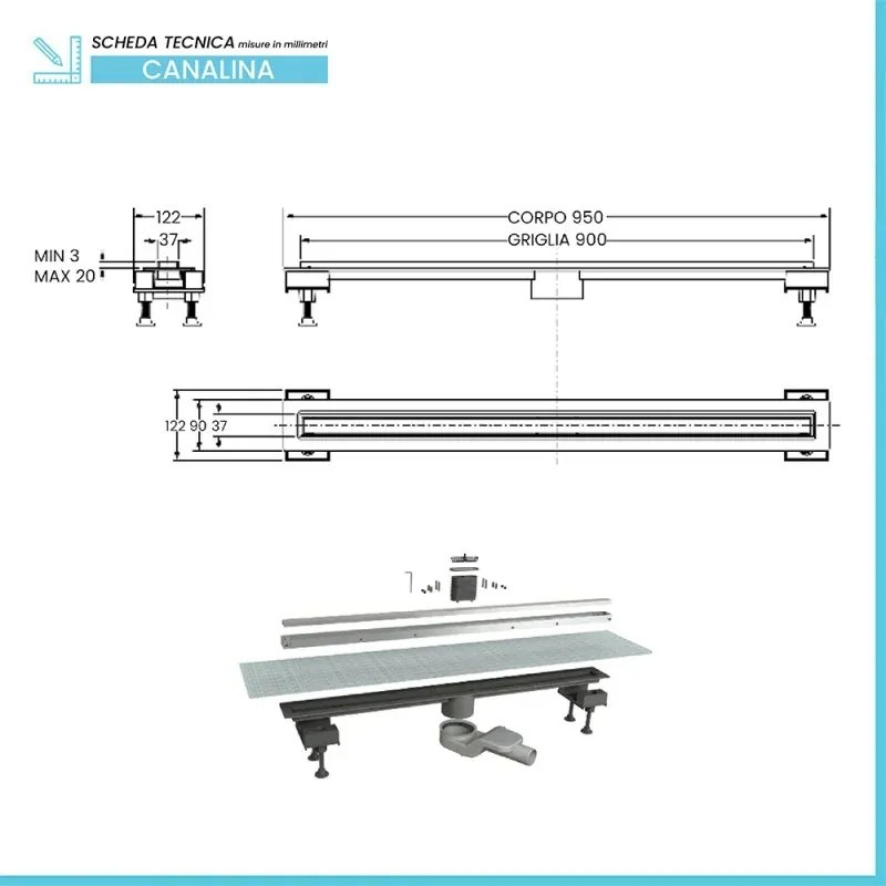 Canalina doccia 90 cm in alluminio reversibile scarico centrale, sifone e piletta inclusi