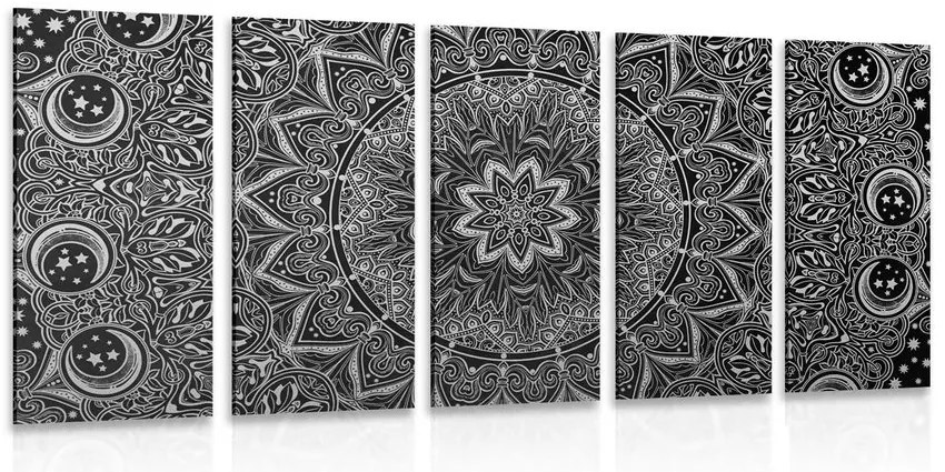 Quadri 5 pezzi – Mandala orientale in bianco e nero