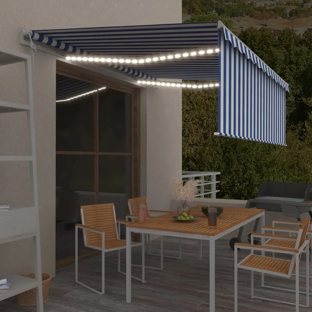Tenda Automatica Parasole Sensore Vento Led 4x3m Blu Bianca /