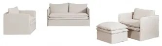 Set Da Soggiorno Grace In Lino E Cotone Con Divano 2 Posti, 2 Poltrone E Pouf Tessuto Beige - Sklum