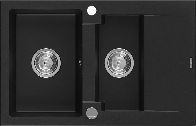 Mexen Gaspar lavello in granito 1,5 vasche con scolapiatti 737 x 475 mm, nero, sifone cromato - 6507731505-77