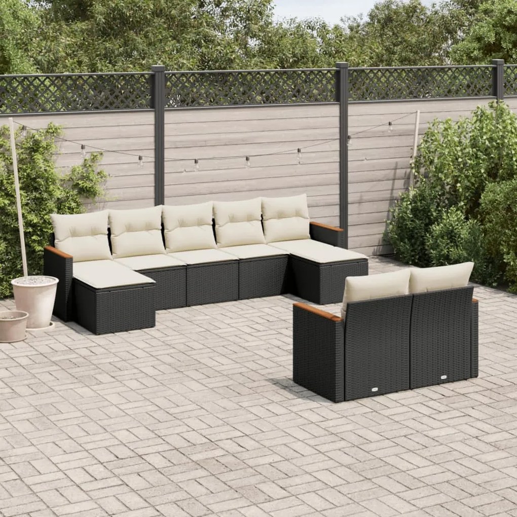 Set divani da giardino 9 pz con cuscini nero in polyrattan