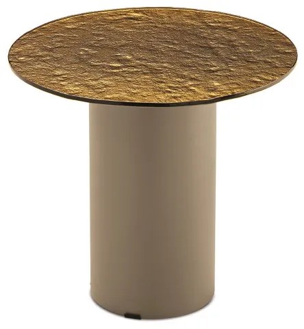 Tavolino tondo WAYLON 45 con base in metallo Beige e piano in vetro martellato Ambra
