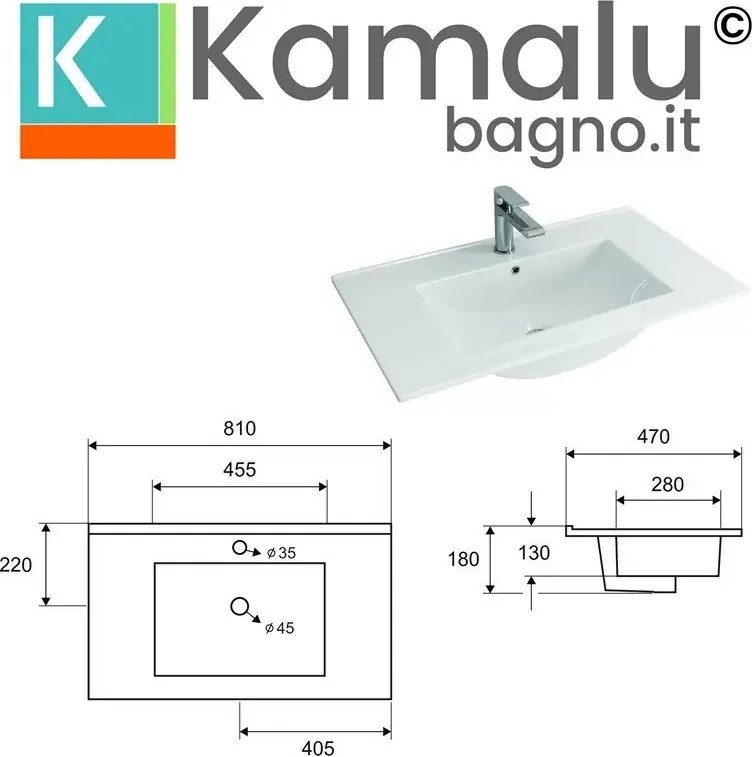 Mobile bagno sospeso 80cm con lavabo integrato e 2 cassetti TOD-80L - KAMALU