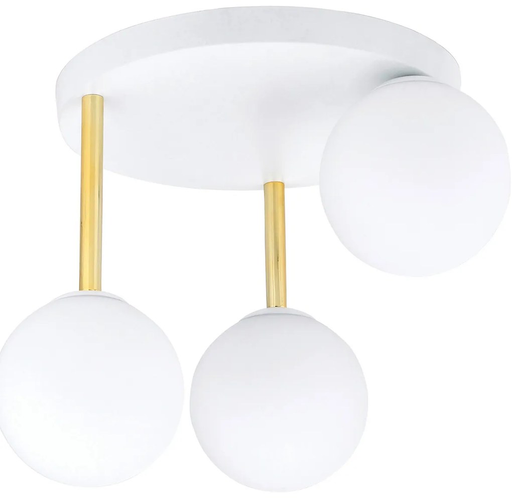 Plafoniera Contemporanea 3 Luci Teseo In Acciaio Bianco Oro E Sfere Vetro Bianco