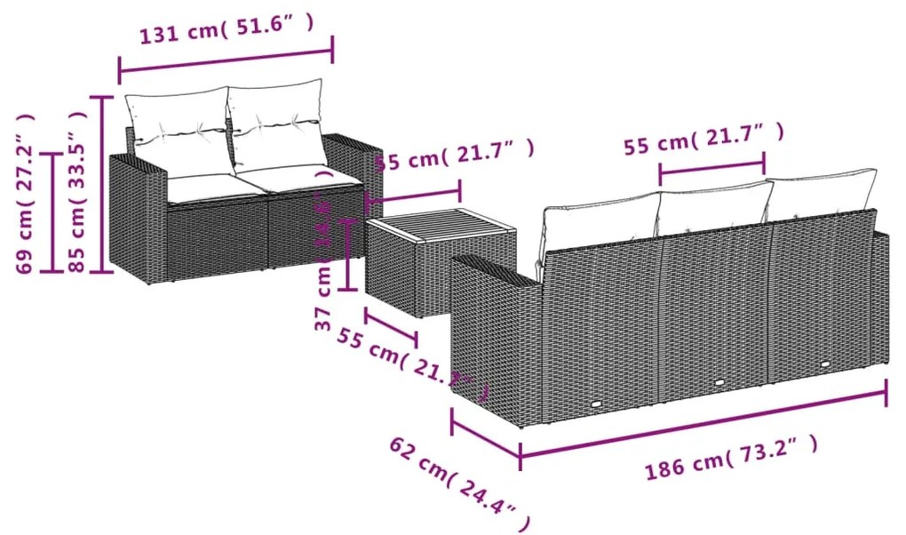 Set divano da giardino 6 pz con cuscini nero in polyrattan