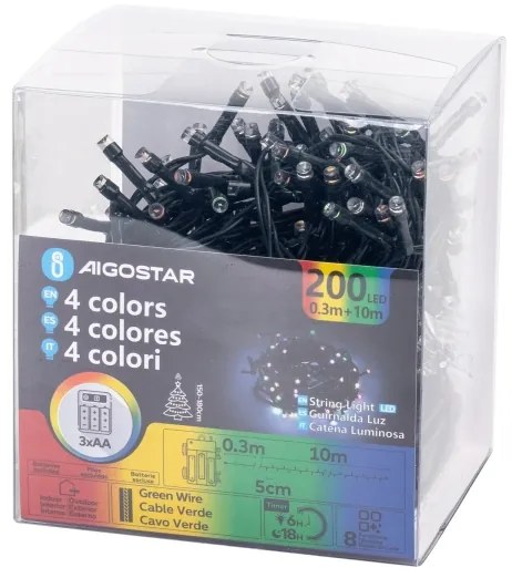 Aigostar -LED catena luminosa per esterni 200xLED/8 funzioni 3xAA 10,3m IP44 multicolore