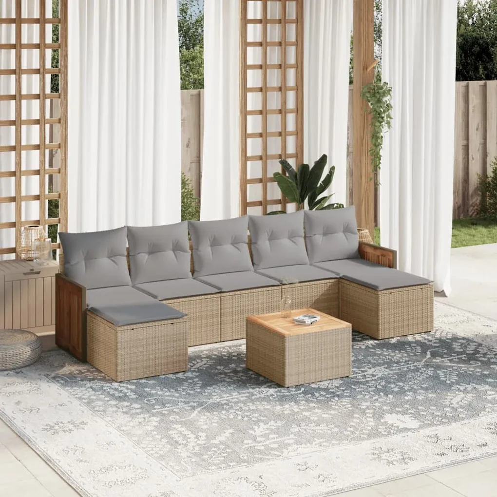 Set divano da giardino 8 pz con cuscini beige in polyrattan