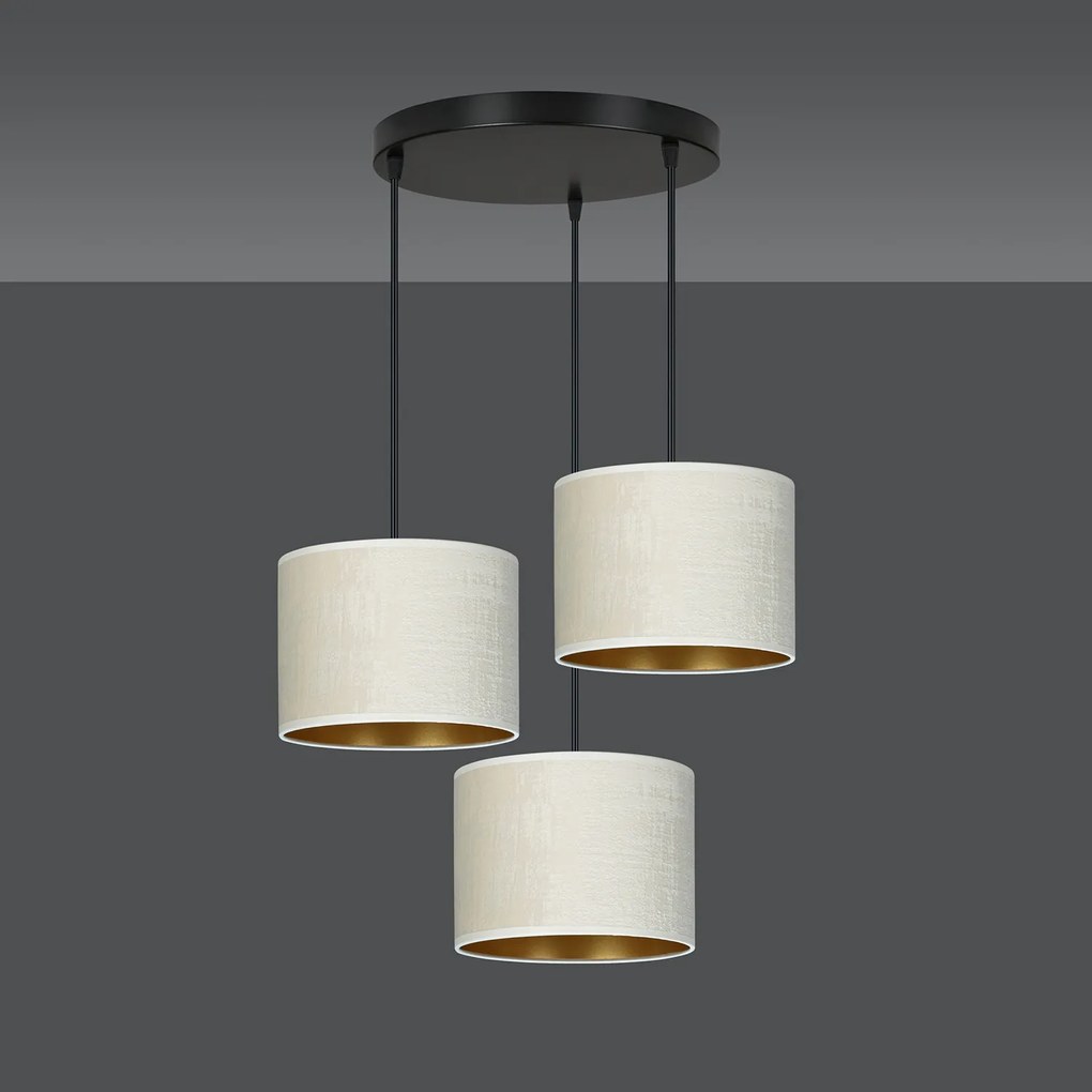 Lampadario Tondo 3 Luci Ganesha In Acciaio Nero E Paralumi In Tessuto Beige