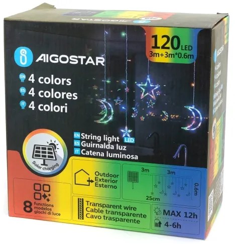 Aigostar - Catena luminosa solare a LED RGBY, 120 LED, 8 funzioni, 3 x 0,6 m, 500 mAh, IP65