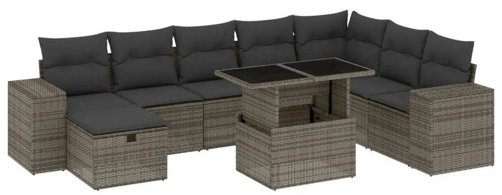 Set divano da giardino 9 pz con cuscini grigio in polyrattan