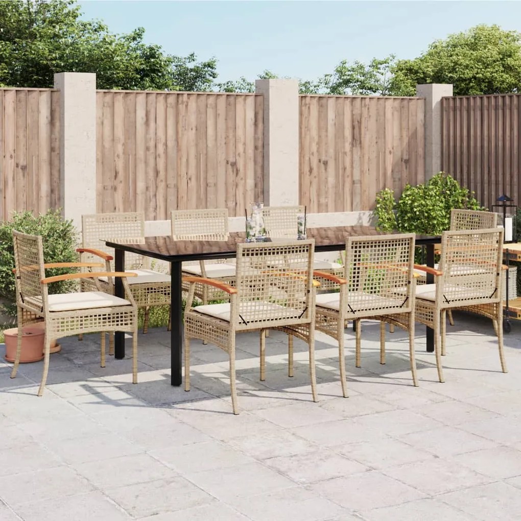 Set da pranzo da giardino 9 pz con cuscini beige in polyrattan