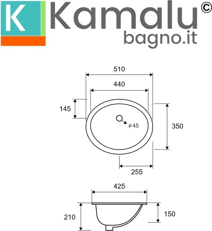 Lavabo sottopiano ovale 51cm in ceramica bianca | Litos-S650 - KAMALU