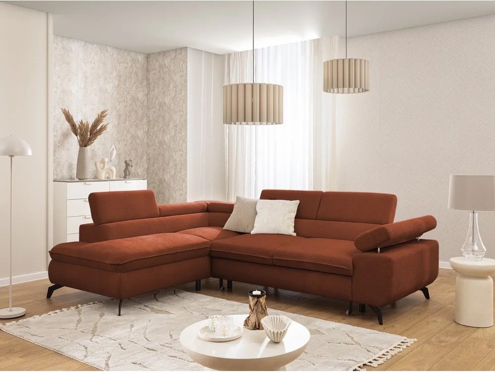 Divano angolare color terracotta (con penisola a sinistra/a L) con rivestimento in ciniglia Marbeya – Ropez
