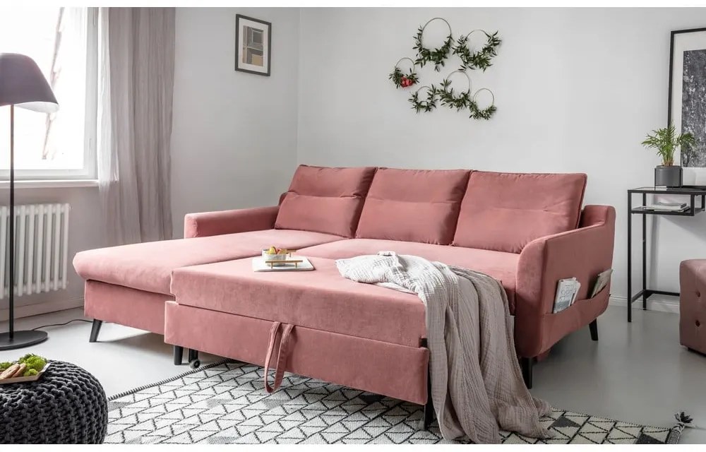 Divano letto angolare in velluto rosa, angolo sinistro Stylish Stan - Miuform