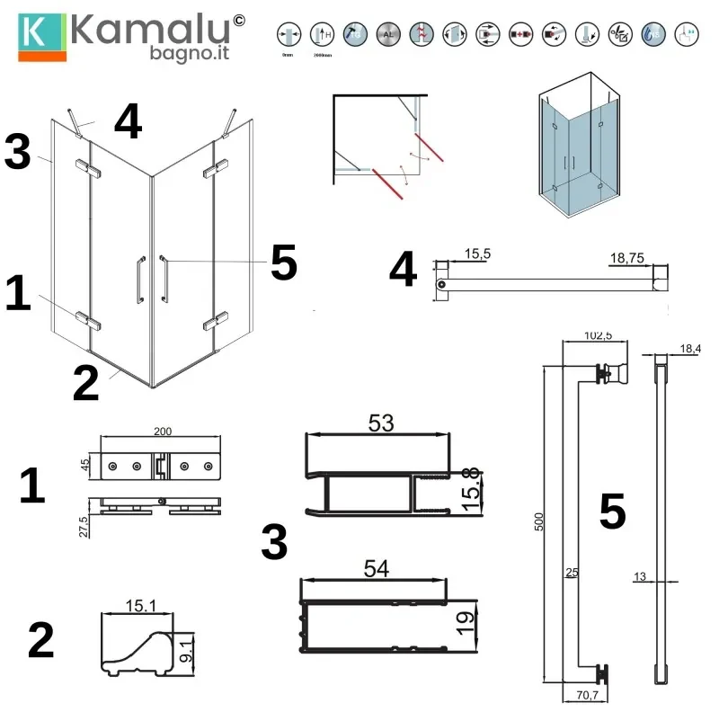 Kamalu - Box doccia 70x120 bianco opaco doppio battente | KT1000B