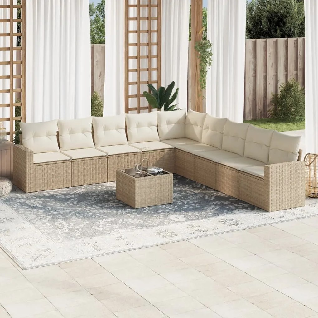 Set Divano da Giardino 10 pz con Cuscini Beige in Polyrattan