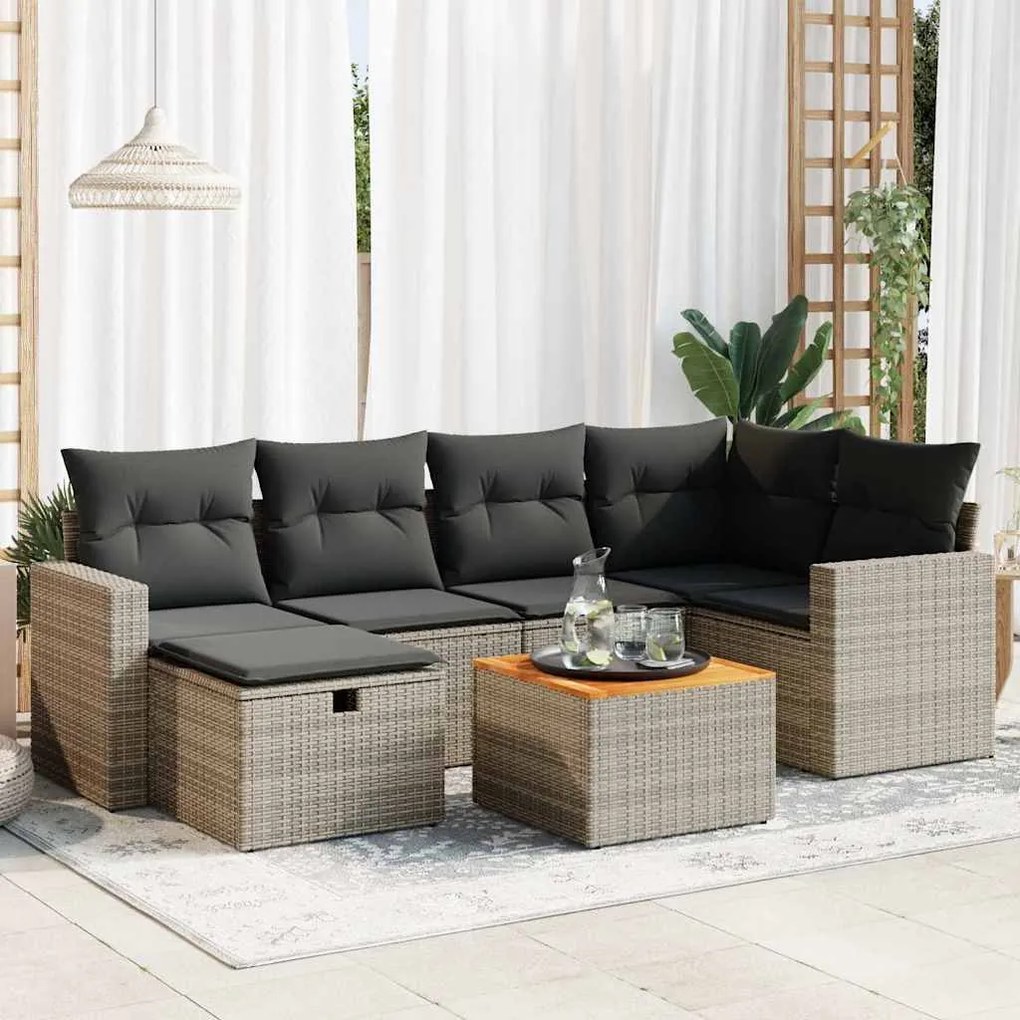 Set divani da giardino 7 pz con cuscini grigio in polyrattan