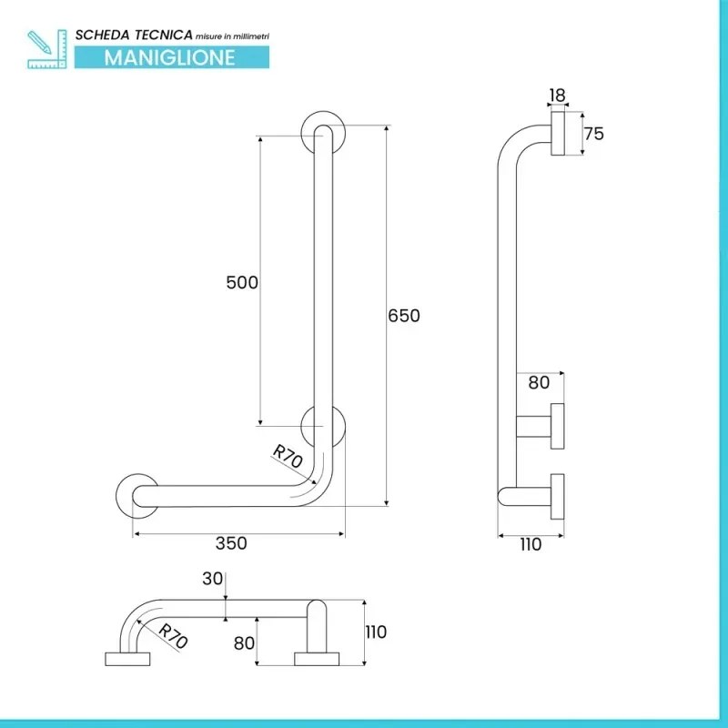 Corrimano angolare di sicurezza 35x65 cm con montante a sinistra in acciaio cromo