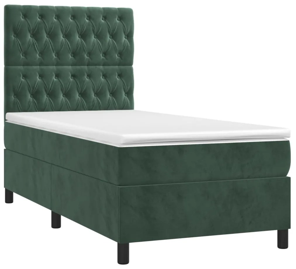 Letto a molle con materasso e led verde scuro 90x200cm velluto