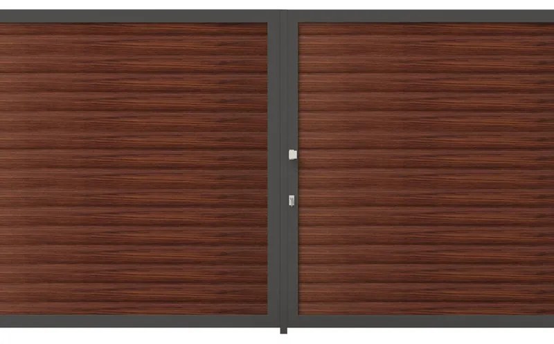 Cancello manuale battente Maia120 ALBA Close in alluminio noce telaio grigio, apertura centrale, L 350 x H 160 cm