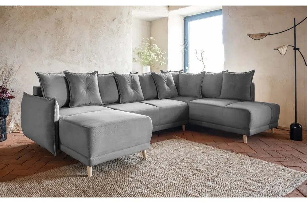 Divano letto angolare in velluto a coste grigio (angolo destro a forma di U) Lazy Lukka - Miuform