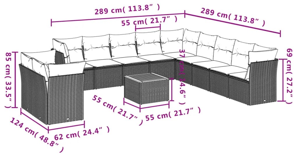 Set divani da giardino 12 pz con cuscini beige in polyrattan