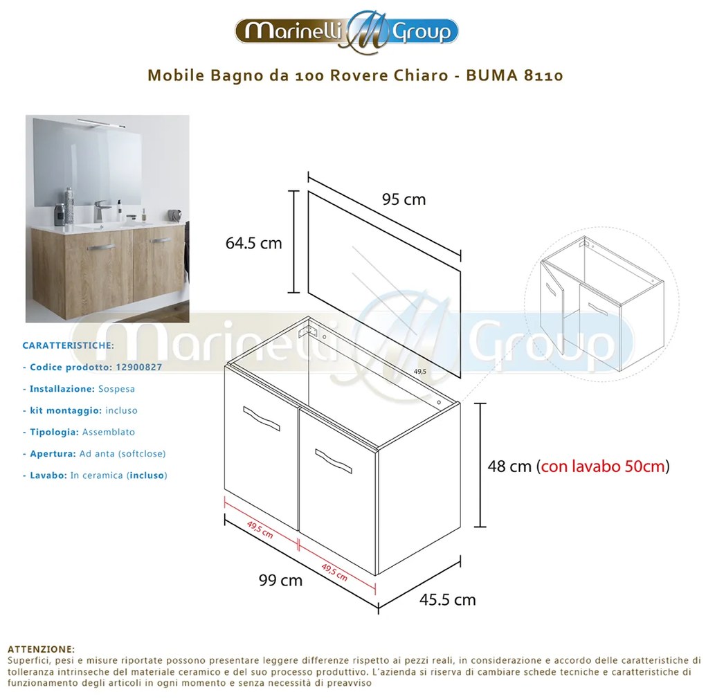 Mobile bagno BUMA100 Rovere Chiaro 8110 con lavabo e specchio