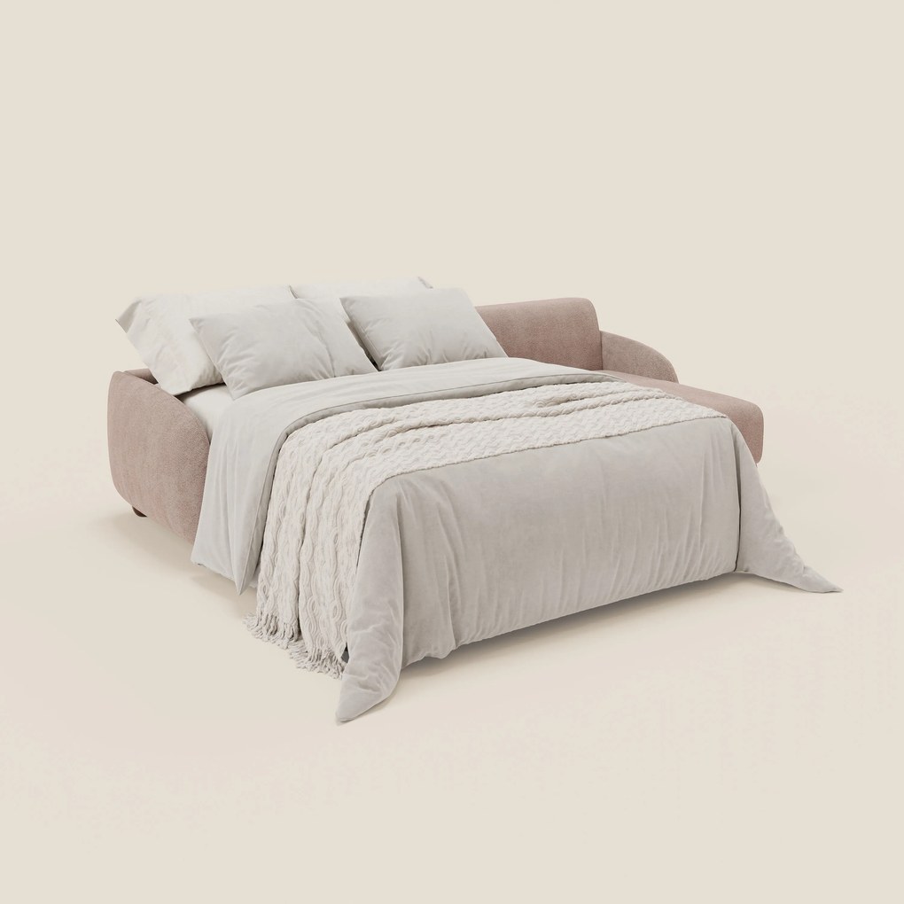 Giglio divano letto angolare con materasso alto 18 cm e penisola contenitore in morbido bouclé impermeabile T07 rosa