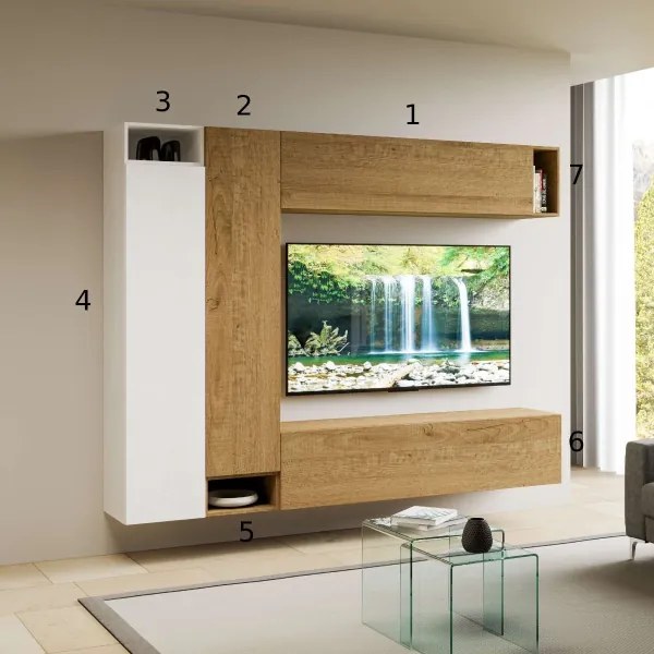 Parete per soggiorno Isoka A27 L.254 H.194 P.39,5 Quercia e Bianco