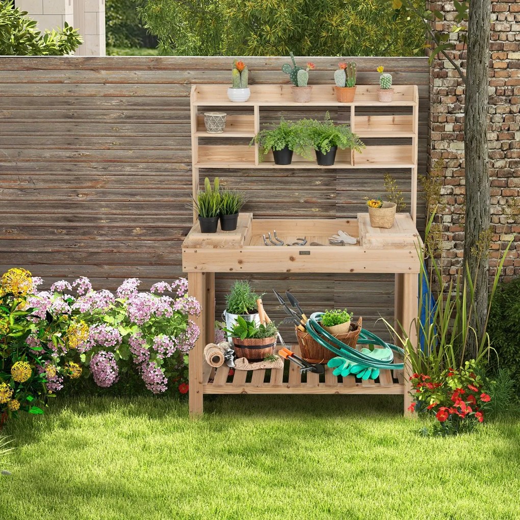 Costway Porta piante in legno con ripiani piano d’appoggio apribile ganci, Tavolo da lavoro da esterno Naturale