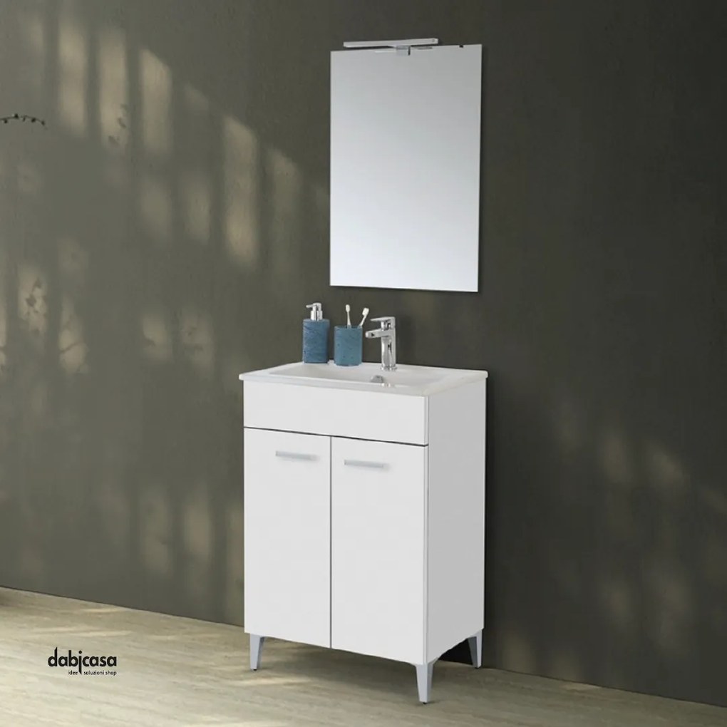 Mobile Bagno A Terra "Greta" Da 60 Cm Composto Da Due Ante Lavabo E Specchio Con Lampada Led Finitura Bianco Lucido