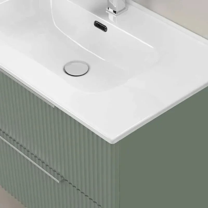 Mobile bagno sospeso 100 cm verde cannettato con lavabo e specchio tondo Zena