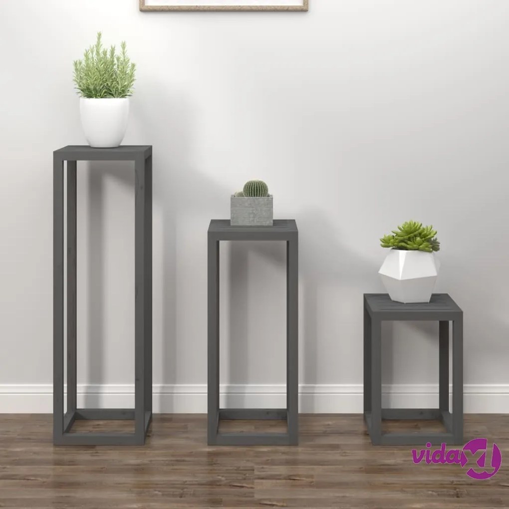 vidaXL Set Supporti per Piante 3 pz Grigio in Legno Massello di Pino