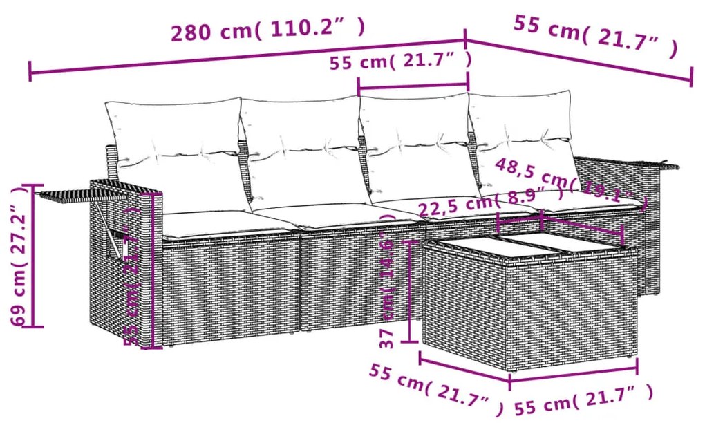 Set divano da giardino 5 pz con cuscini grigio in polyrattan