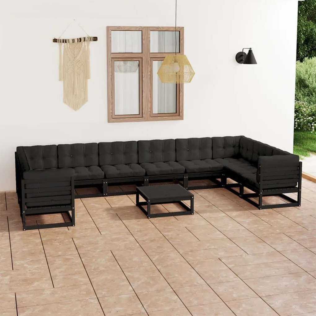 Set divani da giardino 11 pz con cuscini massello di pino nero