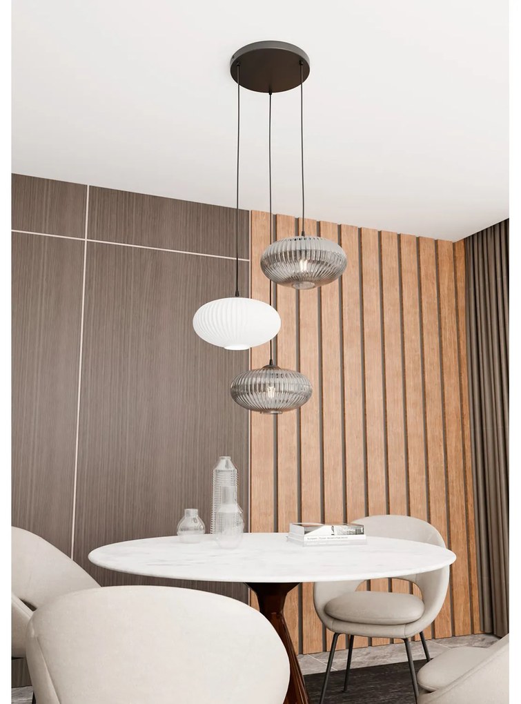 Lampadario 3 Luci Iris Base Tonda In Acciaio Nero Paralume Plissè Multicolor