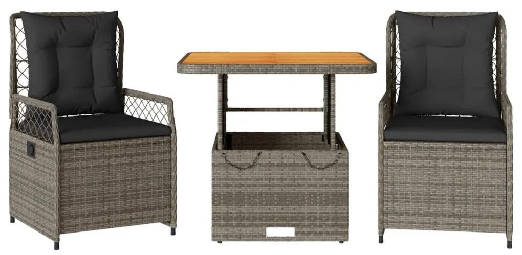 Set da pranzo da giardino 3 pz con cuscini in polyrattan grigio