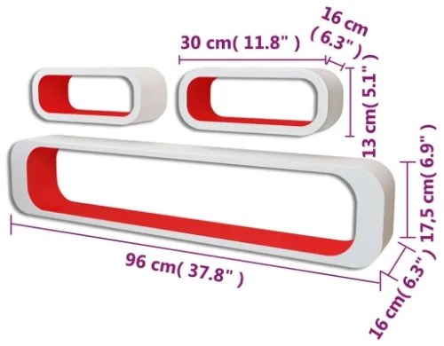 3 Mensole a Parete Bianche-Rosse in MDF a Cubo per Libri/DVD