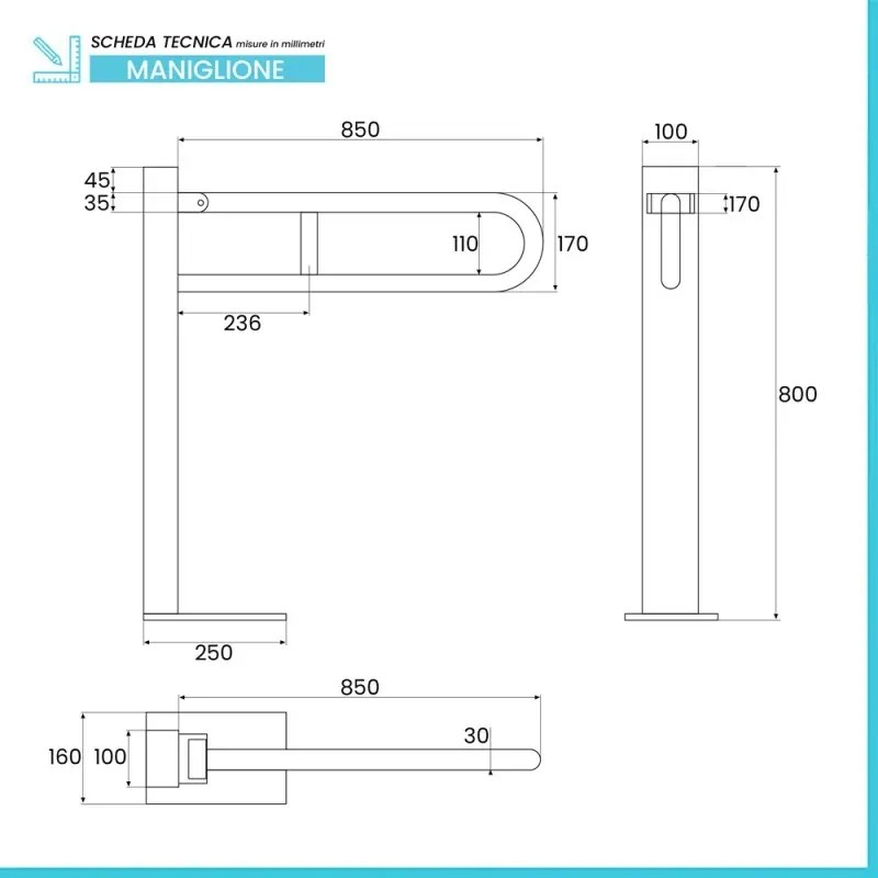Barra di sostegno ribaltabile a colonna per disabili 85 cm in acciaio bianco con porta rotolo