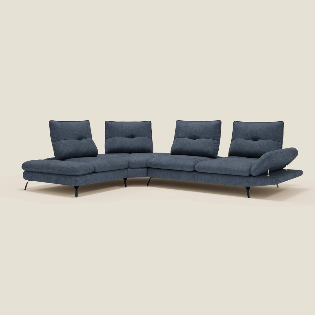 Ardex Divano Angolare - schienali traslanti e bracciolo regolabile in elegante tessuto impermeabile T06 blu