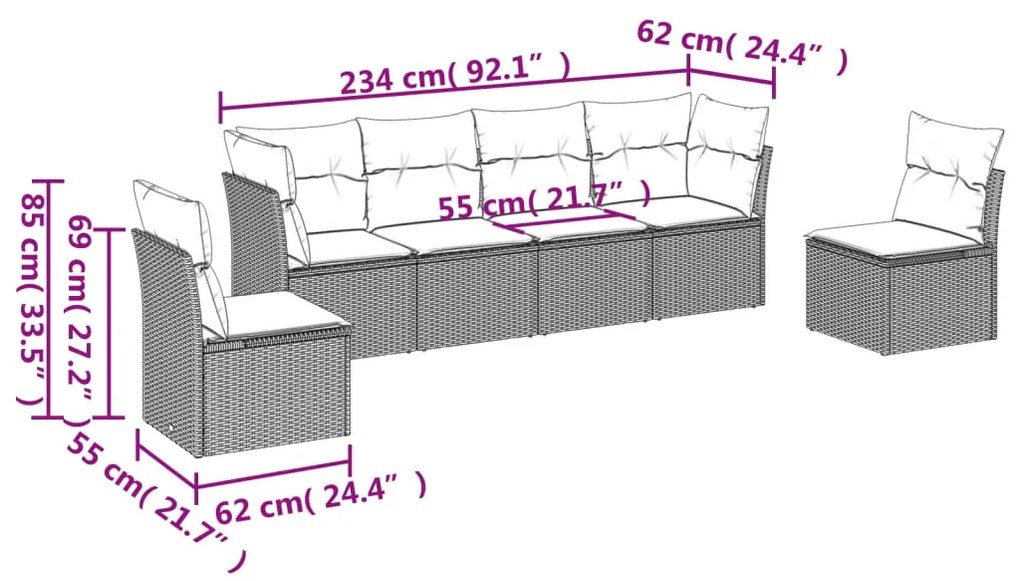 Set divano da giardino 6pz con cuscini grigio chiaro polyrattan