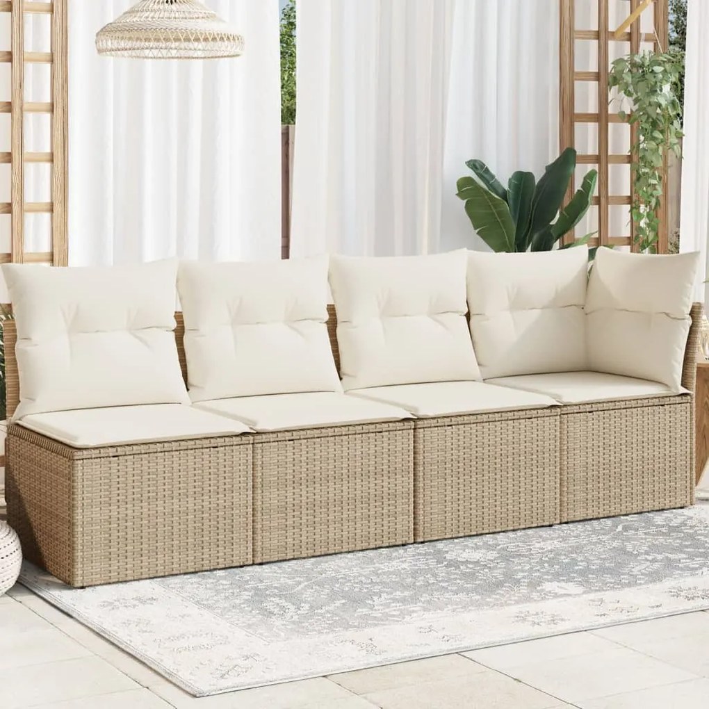 Divano da giardino con cuscini a 4 posti beige in polyrattan