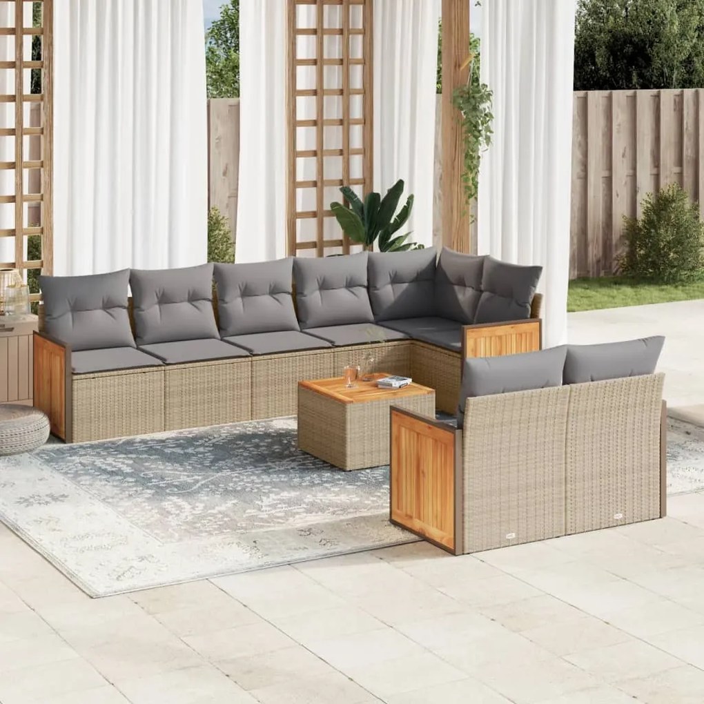 Set divano da giardino 9 pz con cuscini beige in polyrattan