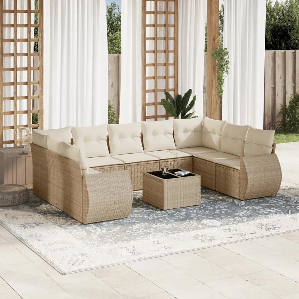 Set divano da giardino 10 pz con cuscini beige in polyrattan