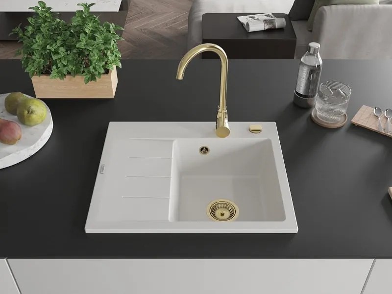 Mexen Ben lavello in granito a una vasca con scolapiatti, destro 600 x 500 mm, bianco, sifone dorato - 6523605000-20-G