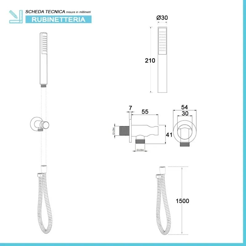 Set doccia York nero opaco con miscelatore, braccio 30 cm, soffione 25cm e kit con doccino, flessibile e presa acqua