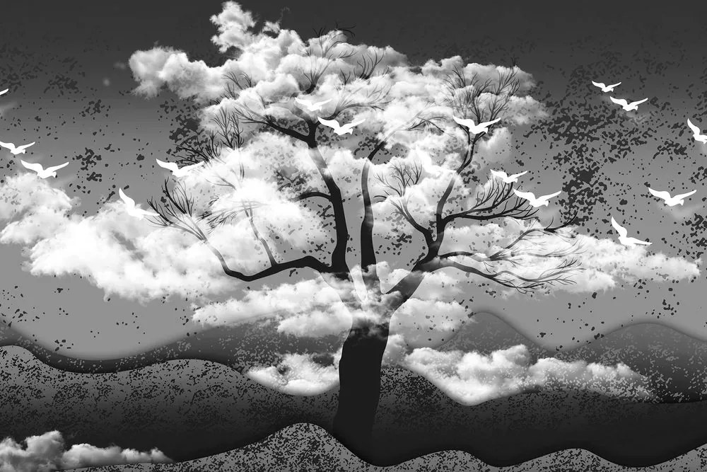 Quadro su tela – Albero in bianco e nero immerso nelle nuvole