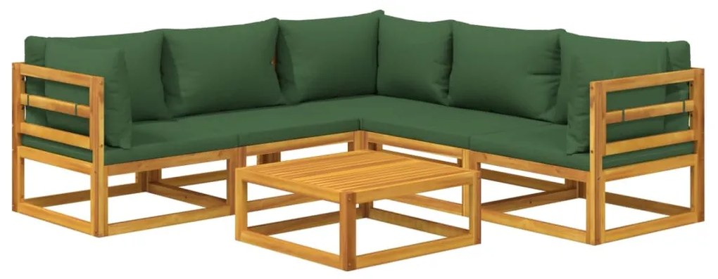 Set salotto da giardino 6pz con cuscini verdi in legno massello